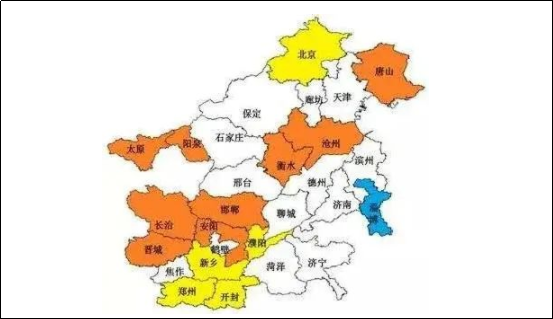 河北北部，山西北部，山東東、南部，河南南部部分城市。