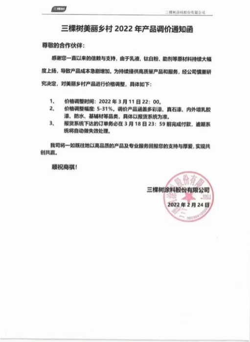 三棵樹調價通知函