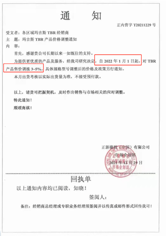 1月1日起，對TBR產品售價上調3%~5%;3月1日起，對部分TBR產品售價上調3%;3月16日起，對瑪吉斯TBR產品(17.5/19.5/20/22.5)價格上調3%。