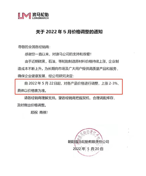 浪馬輪胎宣布漲價 由于近期輪胎制造原材料價格持續(xù)上漲使得輪胎制造成本上升，浪馬輪胎宣布自5月22日起，對各產(chǎn)品價格進行調(diào)整，上漲2%-3%。