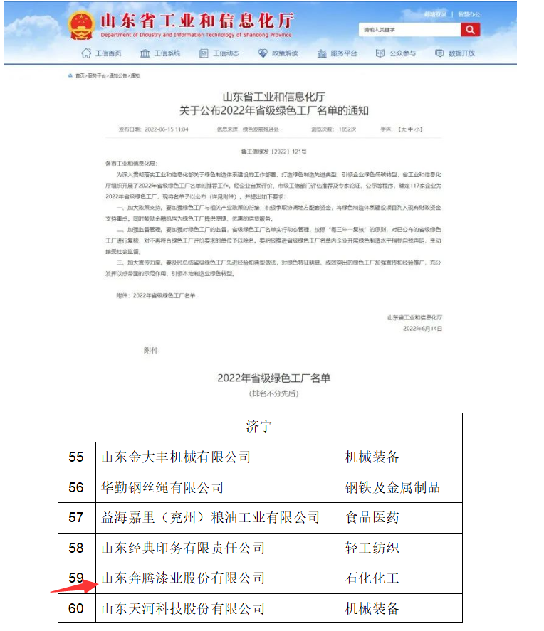 奔騰漆業入選2022年省級綠色工廠名單 奔騰漆業入選2022年省級綠色工廠名單