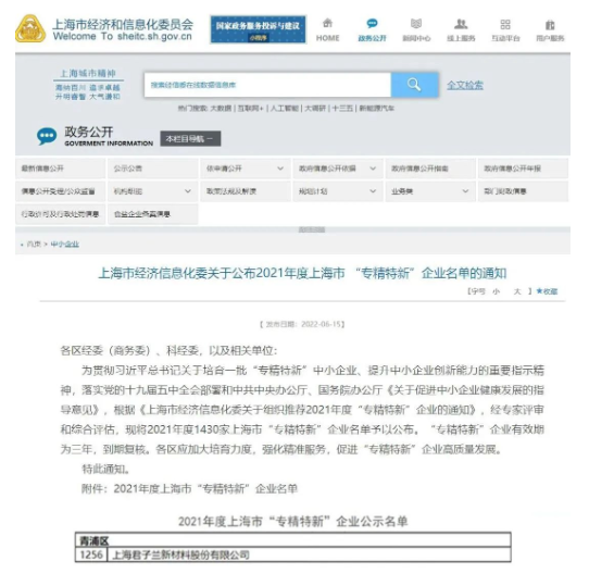 上海君子蘭新材料股份有限公司榮登“專精特新”企業榜單