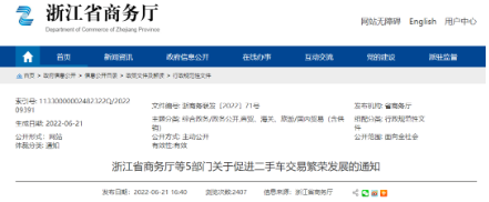 浙江省發布《浙江省商務廳等5部門關于促進二手車交易繁榮發展的通知》，加快推進取消二手車國五限遷政策落地實施