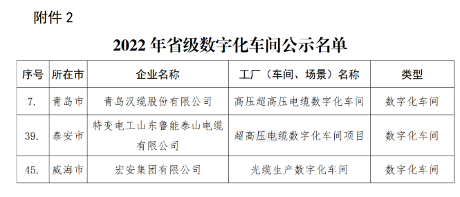 青島漢纜、特變電工山東魯能泰山電纜、宏安集團(tuán)入選2022年省級(jí)數(shù)字化車間公示名單