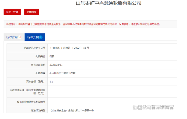 未按規設置安全總監，山東棗礦中興慧通輪胎公司被罰5.1萬