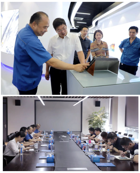 沈董對(duì)各位領(lǐng)導(dǎo)蒞臨企業(yè)考察表示歡迎。在參觀了生產(chǎn)車(chē)間和綜合展廳后，沈董向穆運(yùn)安一行介紹了公司發(fā)展歷程、主導(dǎo)產(chǎn)業(yè)、國(guó)內(nèi)外市場(chǎng)等情況，特別是近年來(lái)雙箭在推動(dòng)創(chuàng)新改革，自動(dòng)化、智能制造等方面所取得的各項(xiàng)成果。并就公司堅(jiān)持創(chuàng)新驅(qū)動(dòng)發(fā)展，不斷加大科技研發(fā)投入，加快推進(jìn)產(chǎn)品迭代升級(jí)，提高核心產(chǎn)品市場(chǎng)占有率、競(jìng)爭(zhēng)力等方面的工作作了匯報(bào)交流。