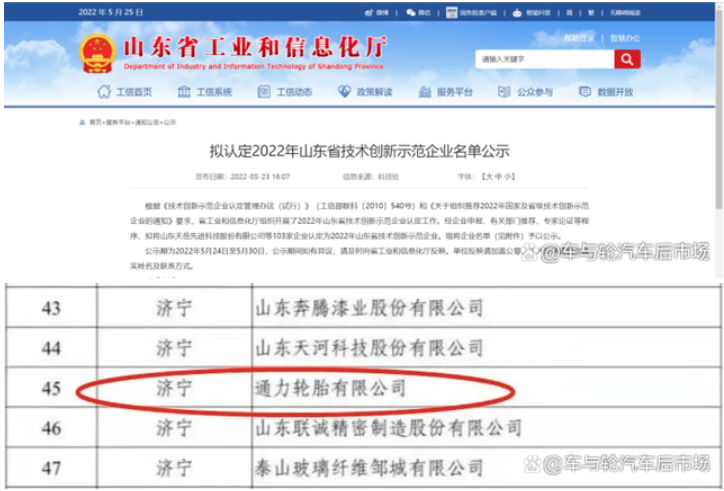 5月23日,山東省工業(yè)和信息化廳公布“2022年山東省技術(shù)創(chuàng)新示范企業(yè)”擬認(rèn)定名單,通力輪胎赫然在列。 5月23日,山東省工業(yè)和信息化廳公布“2022年山東省技術(shù)創(chuàng)新示范企業(yè)”擬認(rèn)定名單,通力輪胎赫然在列。