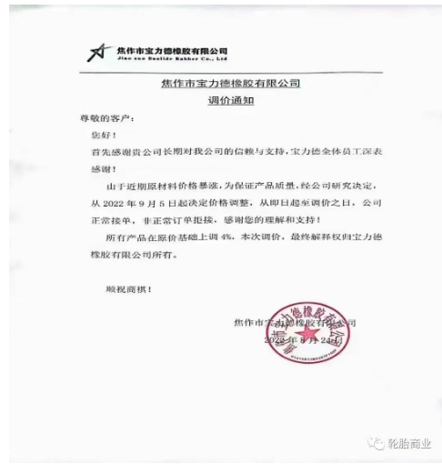 　2022年8月24日，焦作市寶力德橡膠有限公司發(fā)布漲價通知，從2022年9月5日起決定價格調(diào)整，所有產(chǎn)品在原價基礎(chǔ)上上調(diào)4%。