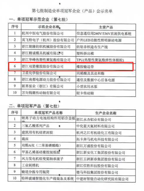 第七批制造業單項冠軍企業公示名單中包括浙江雙箭橡膠股份有限公司