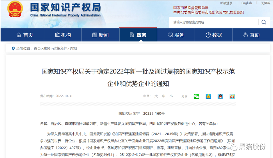 喜報！黑貓股份榮列2022年國家知識產權優勢企業