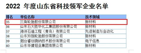 科技硬實力，三角輪胎入選山東領(lǐng)軍企業(yè)