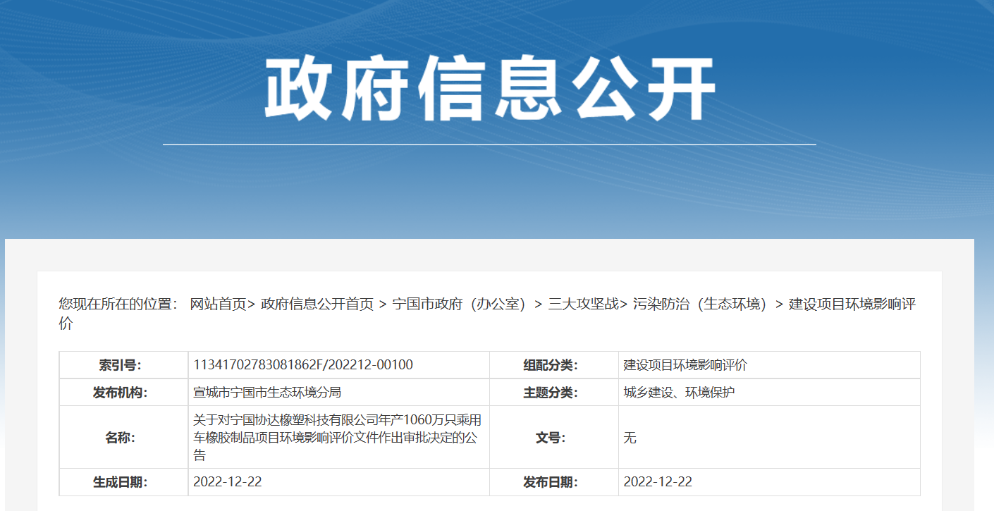 寧國協達橡塑科技有限公司年產1060萬只乘用車橡膠制品項目環境影響評價文件，對外公示。公告期為2022年12月22日-2022年12月28日。