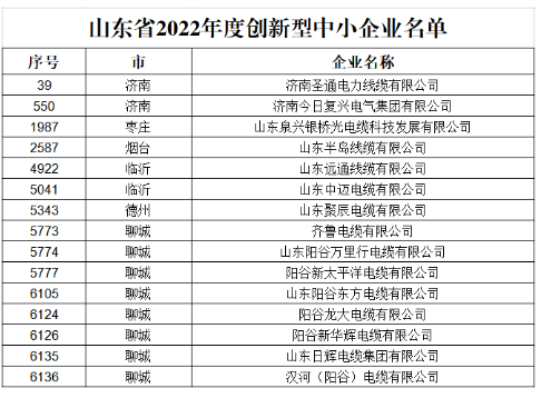 多家電線電纜企業(yè)被評(píng)為“山東省2022年度創(chuàng)新型中小企業(yè)”