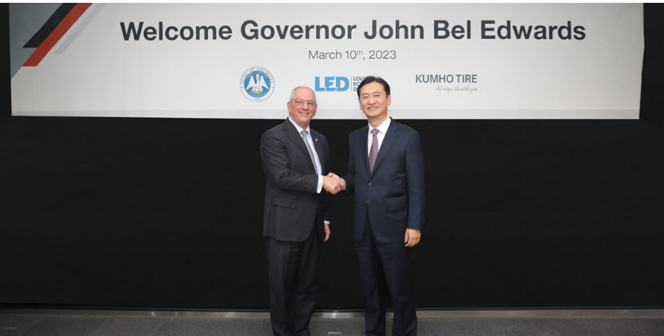 由路易斯安那州州長 John Bel Edwards 率領的貿易代表團訪問了錦湖輪胎位于韓國首爾的總部。代表團，會見了錦湖輪胎首席執行官 Il-Taek Jung、全球銷售主管 Seung-Bin Lim 和供應鏈管理主管 Eun-Sun Lee。