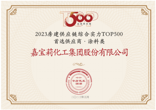 日前，房建供應(yīng)鏈綜合實(shí)力TOP500-首選供應(yīng)商服務(wù)商品牌測評研究報(bào)告發(fā)布，嘉寶莉憑借綜合實(shí)力再次蟬聯(lián)房建供應(yīng)鏈綜合實(shí)力TOP500強(qiáng)首選供應(yīng)商(涂料類)榜單，并連續(xù)7年蟬聯(lián)該榜單。同時(shí)，嘉寶莉攬獲另外其他10項(xiàng)大獎(jiǎng)。