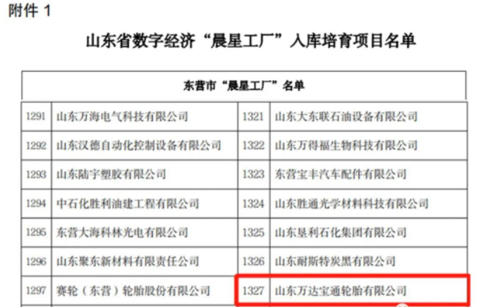 山東省工業和信息化廳近日發布了《關于開展數字經濟“晨星工廠”入庫培育工作的通知》。山東萬達寶通輪胎有限公司憑借其先進的生產制造技術和產業智能化系統的優勢，成功入選該計劃。這也是該公司為推動數字經濟發展，加快傳統制造業數字化、智能化轉型升級工作所獲得的又一榮譽。