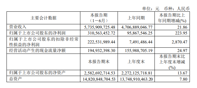 7月30日，三棵樹（603737）發布2023年半年度報告。財報顯示，公司今年上半年實現營業收入57.36億元，同比增長21.86%；歸母凈利潤為3.106億元，同比大幅增長224%。