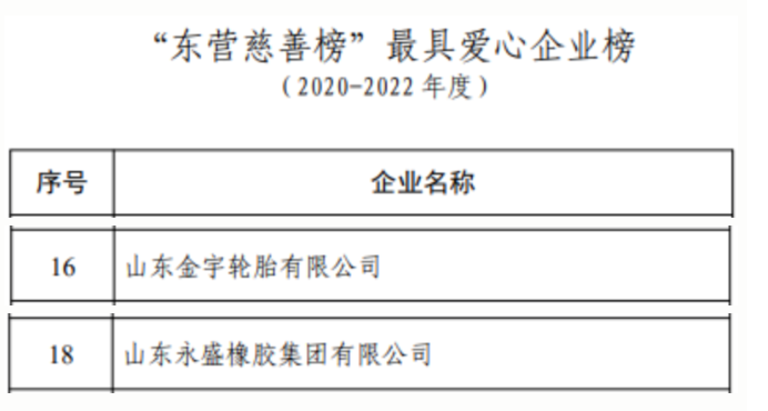 與此同時(shí)，金宇輪胎和永盛橡膠還榜上有名，入選了東營(yíng)市最具愛(ài)心企業(yè)榜，這反映出這些企業(yè)在社會(huì)公益事業(yè)上的積極參與和貢獻(xiàn)。