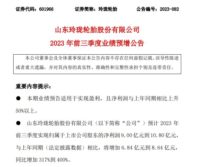 日前，山東玲瓏輪胎股份有限公司發布了2023年前三季度業績預增公告，預計實現歸屬于上市公司股東的凈利潤9.00億元到10.80億元，同比增加317%到400%。