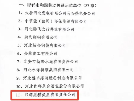 邯鄲市人力資源和社會(huì)保障局于11月15日發(fā)布了2023年邯鄲市和諧勞動(dòng)關(guān)系示范單位名單，邯鄲黑貓?zhí)亢谟邢挢?zé)任公司榮獲“2023年市級和諧勞動(dòng)關(guān)系示范單位”榮譽(yù)稱號。